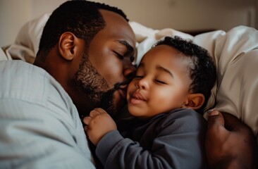 Fototapeta premium Peaceful Father-Son Bonding Moment in Bed