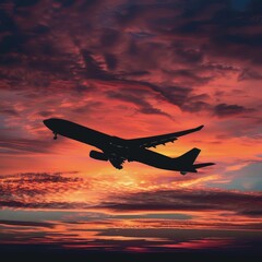 A cargo plane arcs across a sunset sky