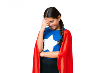 Super Hero girl over isolated chroma key background laughing