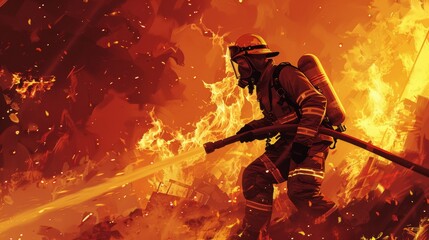 Digital illustration of a brave firefighter combating fierce flames with a hose