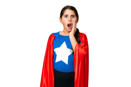 Super Hero girl over isolated chroma key background with surprise and shocked facial expression
