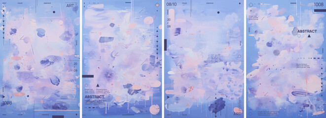A set of four vector posters. Each layout has an abstract watercolor background in pastel blue and lavender colors, with scattered shapes. The covers are in the style of expressionist paintings.