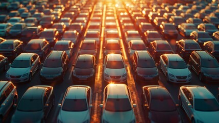 Fototapeta premium Vast Car Parking Lot at Sunset with Gleaming Rows