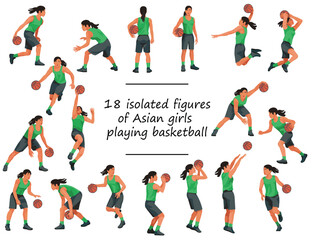 Thai or japan women's basketball girl players standing with the ball, running, jumping, throwing, shooting, dunking the ball