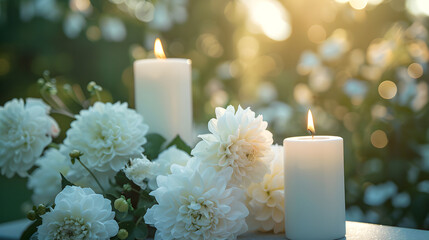 Funeral flowers and candles near outdoor memorial. Reflects mourning and remembrance.
