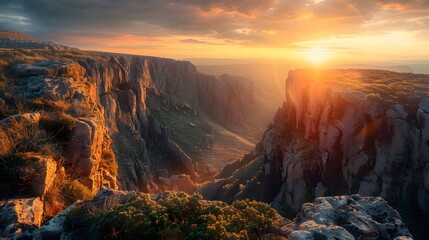 Fototapeta premium Golden hour, warm spring, deep inlets surrounded by steep, narrow cliffs.