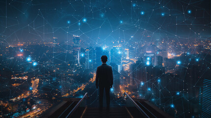 Fototapeta premium Rear view of young businessman standing on top of staircase and looking at night city skyline with double exposure of wireframe city interface. Concept of smart city and internet of things.