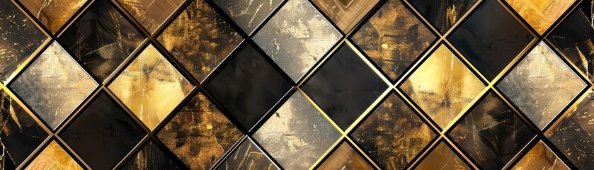 A luxurious gold and black geometric pattern forms a sophisticated backdrop