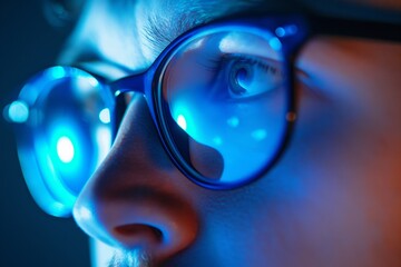 Close-Up of Young Woman's Eyes Reflecting Blue Screen Light