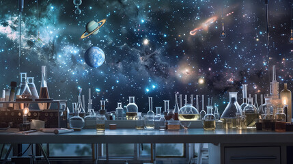 Obraz premium Laboratory setup with glassware and scientific instruments against a cosmic-themed backdrop