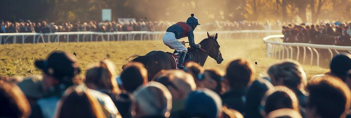 A crowd of people are watching a horse race, empty space for text 