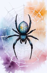 large spider at center of intricately detailed spider web against colorful background in purple, blue and orange colors. concepts: spider day, save a spider day, environmental conservation campaigns