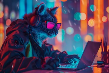 An abstract animal hacker, bathed in neon cyber lights, works fervently on a laptop, sharpen banner template with copy space on center