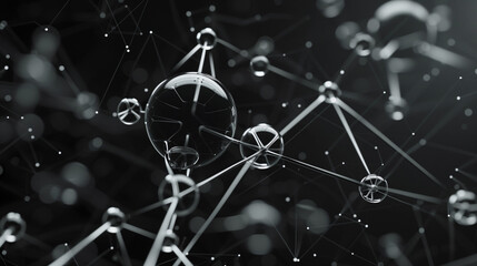 Abstract digital rendering of a connected sphere in a network of glowing nodes against a dark background