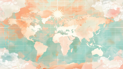 Illustration of a pastel-colored world map with a sun and clouds against a grid background