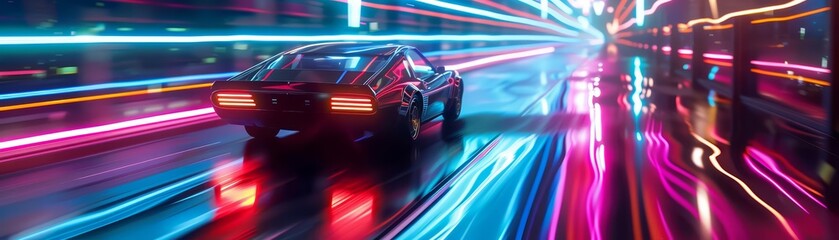At the heart of a neonlit industrial district, a vintage car speeds along, its path illuminated by the retro wave of the 80s, colored neon lights retro scifi style