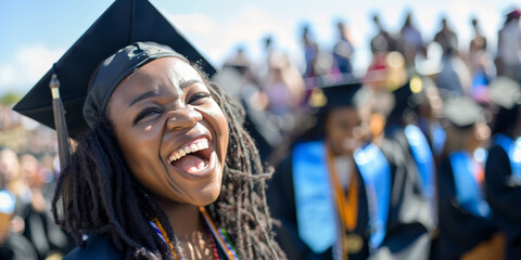 Fototapeta premium joyful young black woman in cap and gown laughing, with a crowd of graduates in the background 