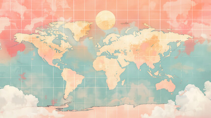 Illustration of a pastel-colored world map with a sun and clouds against a grid background