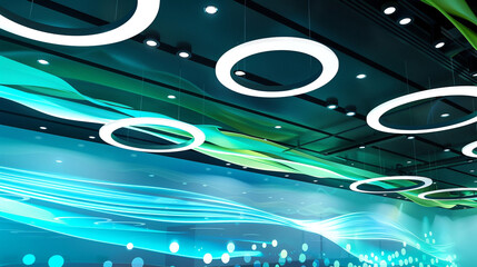 A contemporary office space with a ceiling adorned with modern circular LED lights, set against a vibrant graphic background featuring abstract blue and green waves.