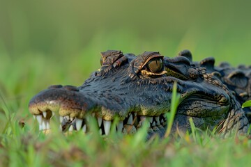 Fototapeta premium Stealthy Alligator Lurking in Grass with Eyes and Teeth Visible