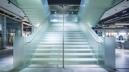 A contemporary staircase with frosted glass panels and sleek metal handrails, in a high-end fashion...