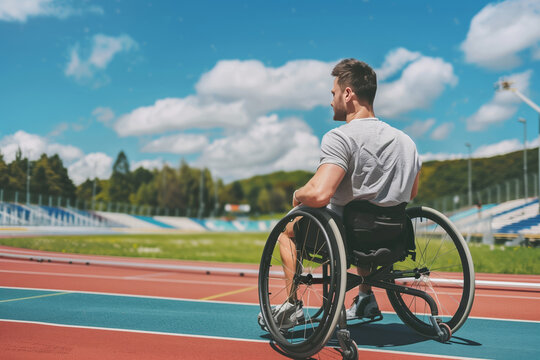 male athlete in wheelchair racing red track stadium in para athletics competition, summer sports games 