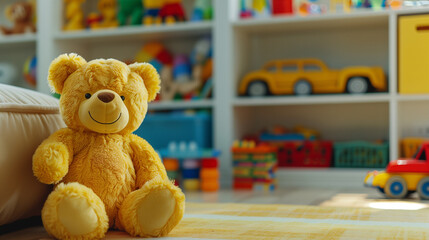 Plush teddy bear sitting on a carpet in a colorful children's playroom with shelves filled with toys