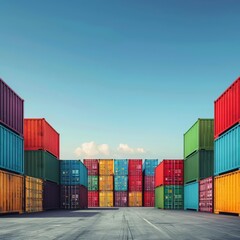 Fototapeta premium Containers in myriad colors stack neatly in a busy port, symbolizing robust international commerce, surrounded by a minimalist, Sharpen banner template with copy space on center