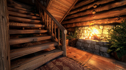 A cozy wooden staircase in a rustic log cabin, with a warm, inviting fire in a stone hearth nearby.