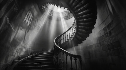 A dramatic black and white photograph of a spiraling staircase in a lighthouse, with a beam of...