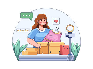 Vector illustration of a woman recording an unboxing video of a package of clothes she bought as a product review or proof that the purchased product has been received.