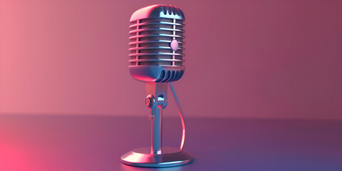 Stage Microphone with Blank Board in front of Red Stage Theater Curtain. Music or performance concept. 3d Rendering  - obrazy, fototapety, plakaty