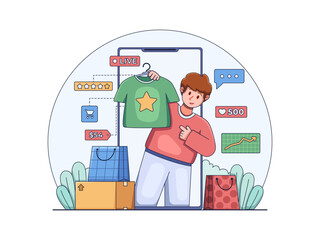 Illustration of live commerce or livestreaming selling, with a person showcasing products to the viewer and interacting in real-time. 
brings together entertainment and retail in a digital experience