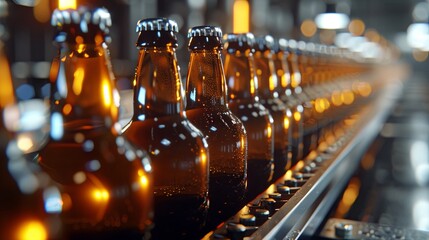 Industrial beer bottling line in a brewery with amber bottles - Powered by Adobe