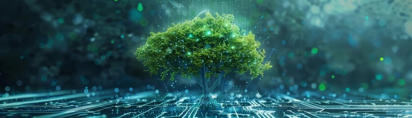 Engage with the growing tree in cyberspace, symbolizing ecological IT development in a futuristic science research banner, sharpen banner template with copy space on center
