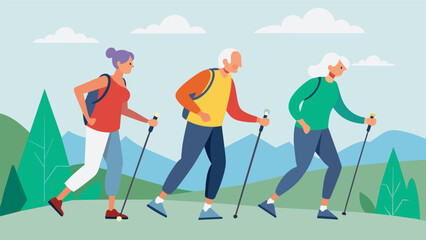 A senior walking club using Nordic walking poles to help them maintain balance and agility on a hilly trail.. Vector illustration