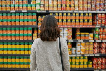 Woman, grocery and canned food in supermarket for economy, purchase and products for nutrition....