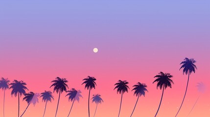 A minimalist sunset, where the clear sky transitions into twilight hues behind stark coconut tree silhouettes