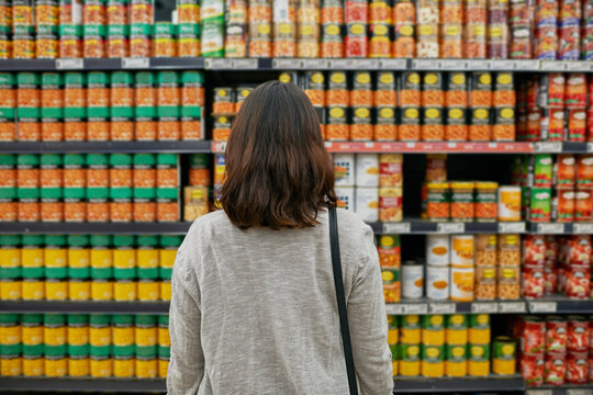 Woman, grocery and canned food in supermarket for economy, purchase and products for nutrition. Female person, retail and shelf inside store with baked beans for shopping, vegetables and diet