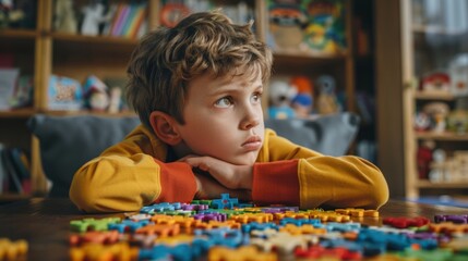 Young boy with a vibrant puzzle, potentially representing awareness for autism