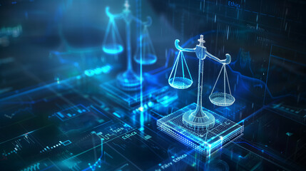 Digital Ethics as a balance scale weighing the moral implications of technological advancements and decisions