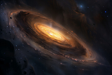 Fototapeta premium An astronomical object known as a black hole resides in the center of a galaxy in space.