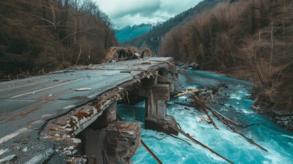 collapsed bridge over a river, aftermath of a natural disaster 