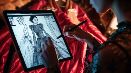 fashion designer makes a sketch on a digital tablet with a stylist