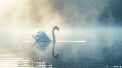 elegant white swan on a misty lake, graceful silhouette in the morning light 