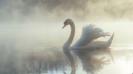 elegant white swan on a misty lake, graceful silhouette in the morning light 