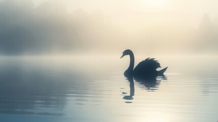 elegant black swan on a misty lake, graceful silhouette in the morning light 