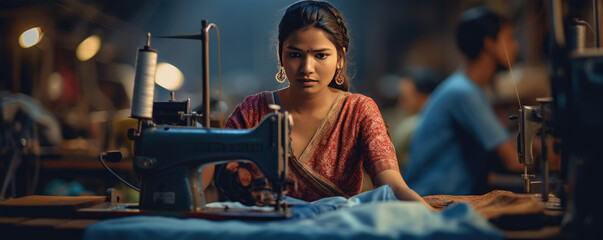 Artisan tailor sewing in a busy textile workshop