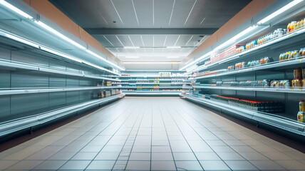 empty grocery shelves, panic buying concept, background with empty space for text 