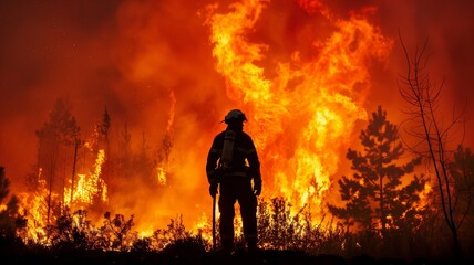 Fototapeta premium firefighter battling large forest fire at dusk, intense orange flames 